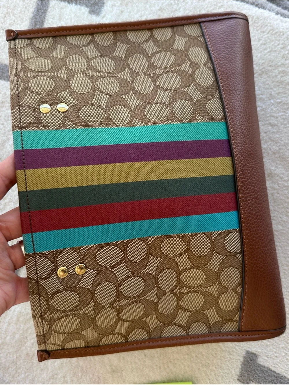 Coach Brown Signature Canvas Tote with Multicolor Vertical Stripe - Picture 4 of 11